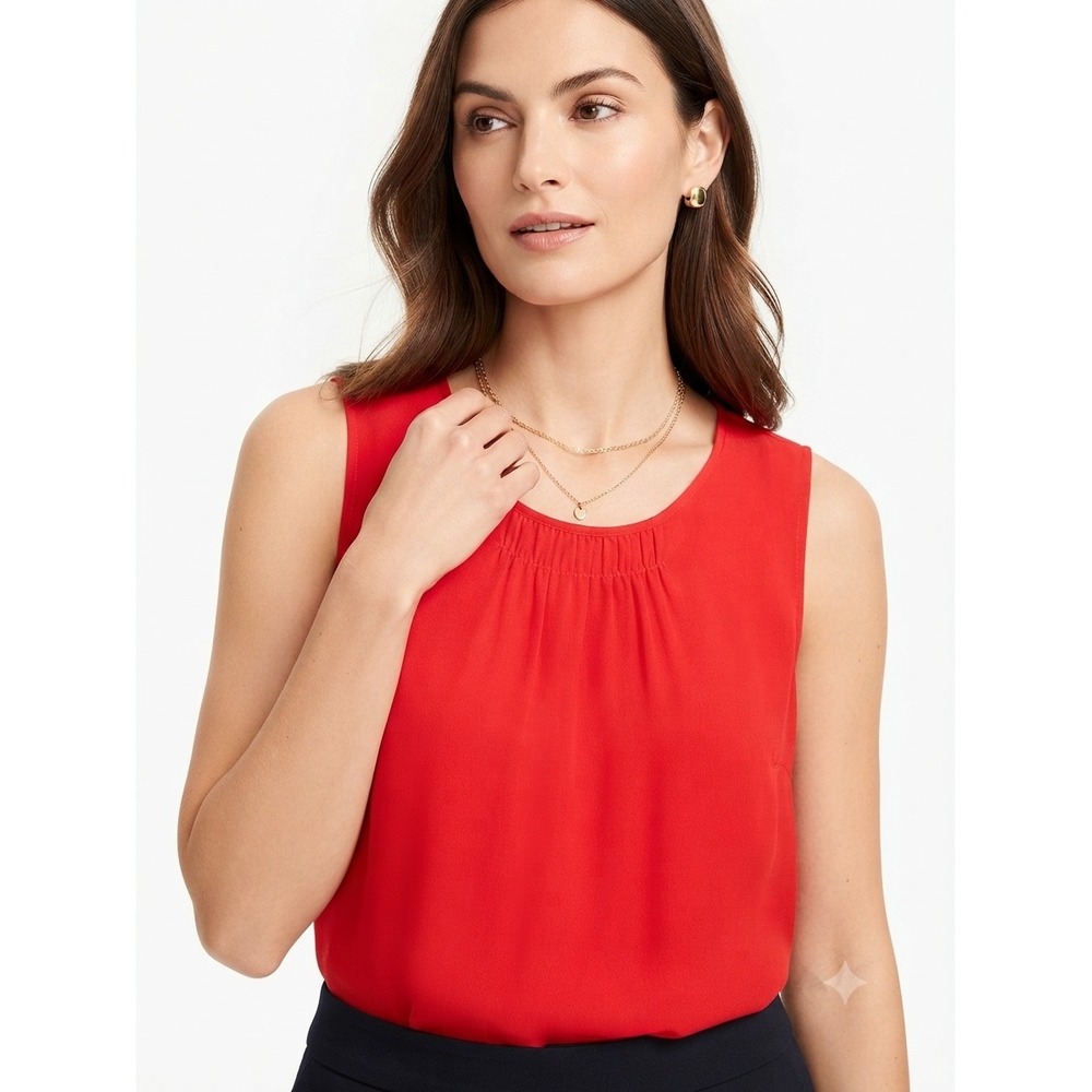 Talbots Sleeveless Silk Shell Blouse Smocked Round Neck Red Size 6 Petite